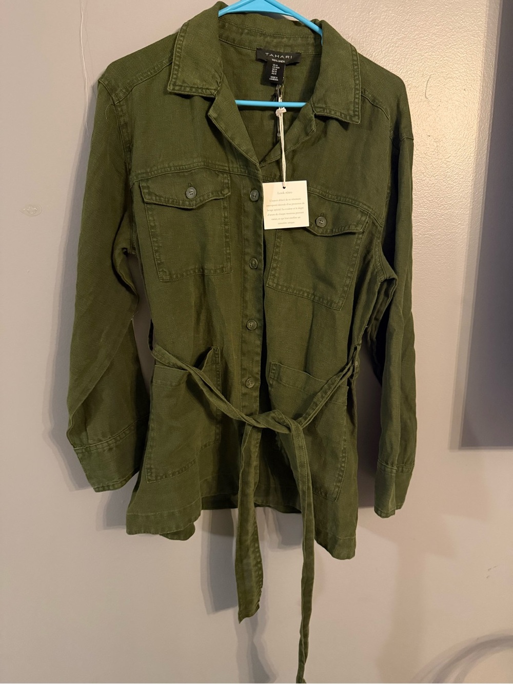 Tahari Olive Utility Jacket with Waist Tie